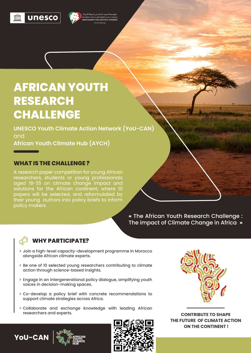 African students (18–35) in higher education are invited to submit research on climate change impacts &amp; solutions in Africa 📝 Selected participants will receive training to turn their papers into policy briefs for decision-makers.

🗓️ 15 May 2026
🔗 youthclimatehub.org/research-chall…