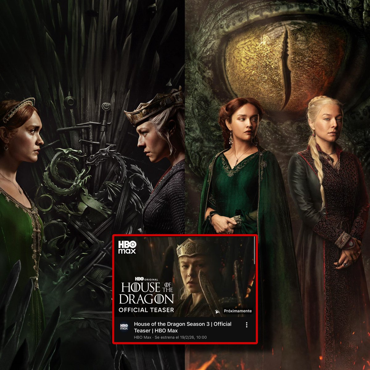 ¡ANOTA LA HORA! 🕰️ El tráiler de la temporada 3 de #HouseOfTheDragon saldrá el día de mañana a las 10:00 am (hora CDMX).