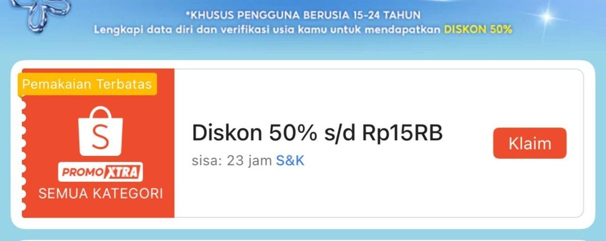 DISKON 50% 15RB ⏱️00:00

GEN Z ONLY (15-24th) 

refresh di sini nanti👇🏻
s.shopee.co.id/30ideWxKeS

🗓️15-24 Februari 2026
📍min 30RB
📍berlaku utk produk tanda xtra

bisa minyak 
kunci mas shopeesupermarket
s.shopee.co.id/7pntGn6CRv
rose brand &amp; merk lain👇🏻
s.shopee.co.id/50ThtauilJ