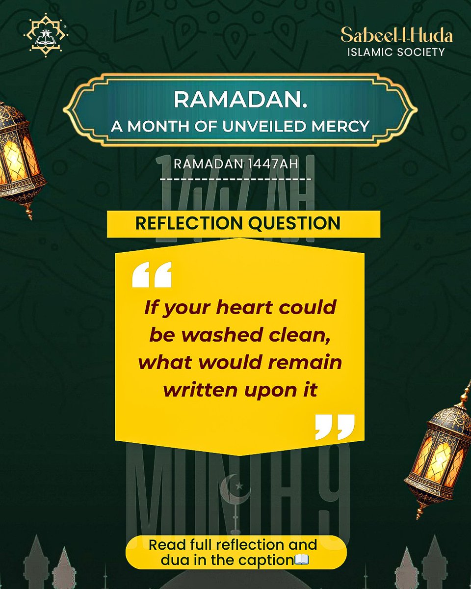 SabeelHuda's tweet photo. Ramadan 1447 AH 🌙

A month of unveiled mercy.

The Prophet ﷺ said fasting with faith erases past sins. (Bukhari)

A complete reset.

Reflection:
If your heart was washed clean today, what would remain written on it?

May this be your turning point. Ameen. https://t.co/yv9ZHzFaYZ