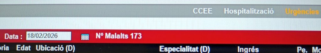 18/02/2026
173 pacients a Urgències de l'Hospital del Mar 
55 superen les 24 hores 
El més antic supera les 125 hores
Pacient de 93 anys, supera les 76 hores
84 anys, 65 hores
84 anys, 52 hores 
92 anys, 46 hores 
Cap d'ells és familia de gerents i gestors de <a href="/govern/">Govern de Catalunya</a> i <a href="/salutcat/">Salut</a>