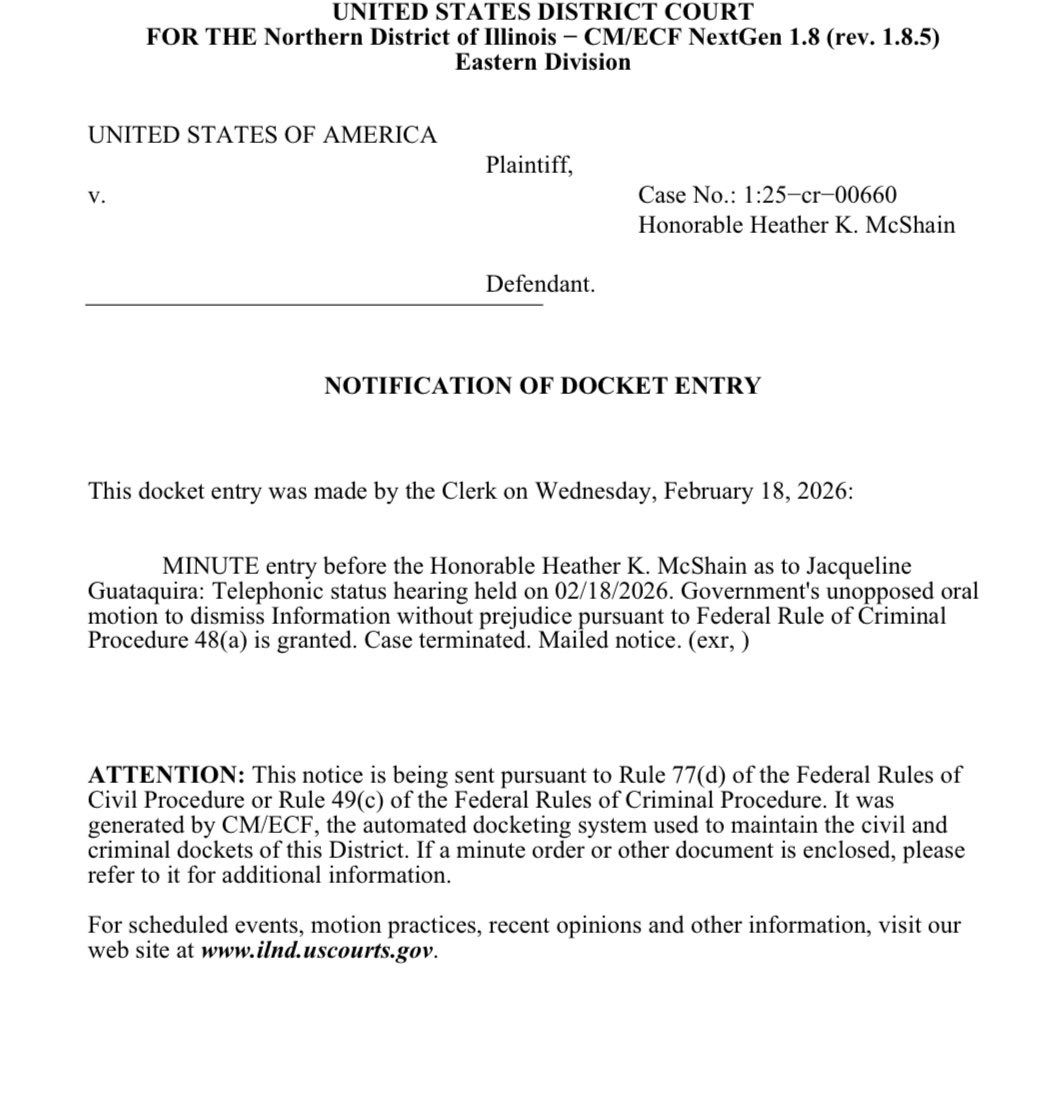 Federal prosecutors in Chicago have dismissed another criminal case stemming from Operation Midway Blitz.
Jacqueline Guataquira had been charged with impeding agents during a protest outside the Broadview ICE facility on Oct. 3.