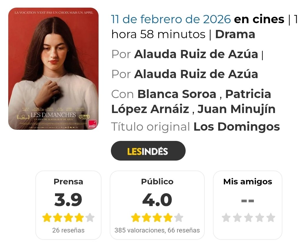 Qué respuesta han obtenido #Sirat y #LosDomingos en Francia? En <a href="/allocine/">AlloCiné</a> vemos cómo la de Laxe gana en valoración de prensa, mientras que la de Alauda no es tan unánime como en España, pero sí mejora dos décimas en valoración del público (eso sí, 5.489 puntuaciones Sirat!)