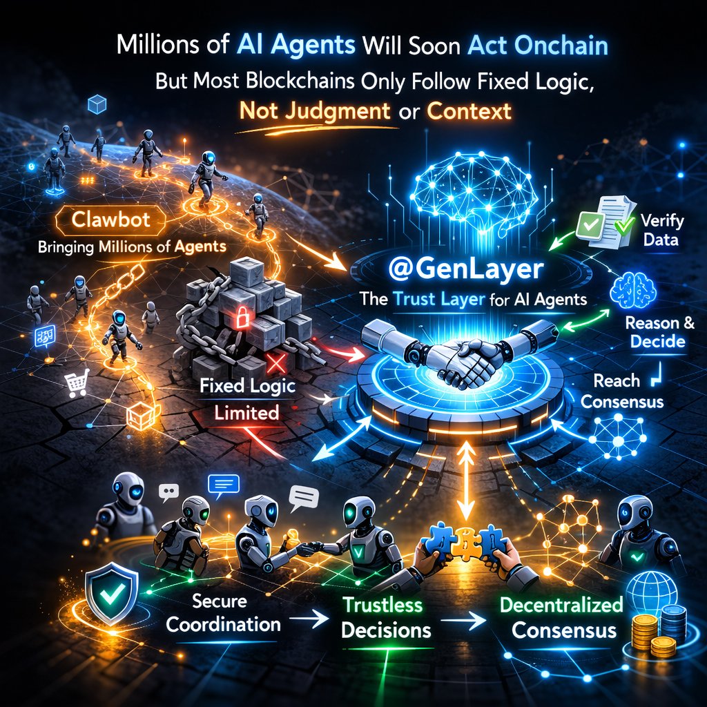 Millions of AI agents will soon act onchain. Big shift, but most blockchains follow fixed logic, not judgment. Clawbot is onboarding them fast, exposing the gap. <a href="/GenLayer/">GenLayer</a> adds a trust layer for verified decisions. If agents act for us, who checks them?