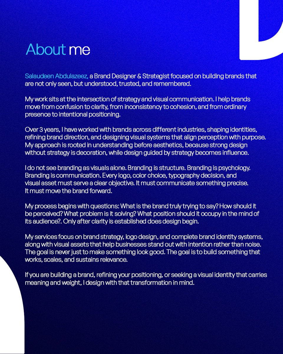 thezeez_visuals's tweet photo. Hi X
I’m Salaudeen Abdulazeez, Brand Identity &amp; Visual Systems Designer.
I don’t design for applause.
I design for clarity, positioning, and growth
signed to scale. https://t.co/kWmDD4CEqh