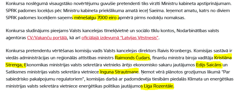 AndrisKulbergs's tweet photo. Te ir TAVA iespēja mainīt centrālās apkures siltuma tarifu - piesakies!

2x padomes locekļi SPRK regulātorā - par pēcpuses atvilkšanu mēnesī saņemsi 7000€ algu

Es papildināšu sludinājumu, lai kandidātiem labāka izpratne:
➖iespēja nestrādāt par 7000 eiro algu, jo faktiskā slodze sastāv no vidēji vienas iezvanīšanās MS Teams reizi nedēļā;
➖⁠intelektuālā piepūle ir ierobežota ar nobalsošanu par SPRK izpildinstitūcijas sagatavotiem lēmumu projektiem. Nevajag baigi dziļi līst tajos un tad jau viss ok;
➖⁠varēs vismaz vienu paziņu iekārtot par savu apmaksātu asistentu ar neskaidrām funkcijām;
➖⁠nekādas atskaitīšanās nevienam un nekad par personisko ieguldījumu, mērķiem un sasniegumiem sabiedriski regulēto pakalpojumu attīstībā;
➖⁠dažreiz būs jāuzklausa politiķu norādes kurus jautājumus neaiztikt;
➖⁠kvalifikācija ir svarīga, lai glīti izskatās, bet tomēr iepriekš nodīlots amatiņš koalīcijā būs izšķirošs;
➖⁠nevajag bez uzaicinājuma iebāzties no malas, tas var izsaukt nepatiku nominācijas komisijas locekļiem;
➖⁠jāvar stoiciski ciest nelabvēļu komentārus ka Igaunijā šādu amatu nav un sabiedriski regulētie pakalpojumi arī lētāki. Var izraisīt vieglu neērtības sajūtu;
➖⁠pēc vajadzības jāspēj pateikt  kaut ko gudru par nepārtrauktiem uzlabojumiem efektivitātes celšanā, benčmārkingā un ilgtspējīgā attīstībā (bet uzprasīties uz to nevajag);
➖⁠spēja būt sabiedrībai nemanāmam un klusam visu termiņu tiks uzskatīta par priekšrocību. Pierādāma pieredze šajā dos papildus punktus.

Spriežot pēc komisijas locekļiem kaut kā man šķiet šo atlasi nevar pārvarēt cilvēks, kas grib mainīt lietu kārtību, ko jūs domājat? 🤔

Žēl, ka es nevaru pieteikties, būtu ļoti interesanti

Atgādināšu, ka mūsu SPRK ir 5 padomes locekļi ar apmaksātiem palīgiem + 12x konsultatīvās padomes locekļi ar  103 darbiniekiem pret Igaunijas 59 darbiniekiem regulātorā un Konkurences Padom�� kopā - bez neviena padomes locekļa!

Un tagad nopietns jautājums #SPRK - kur es un sabiedrība varam iepazīties ar līdzšinējo padomes locekļu darbības vērtējumu, atskaiti par paveikto?

Man kā Saeimas deputātam būs jābalso par šīm amatpersonām. Kā būtu ar zināmu atbildību par “paveikto”?

No līdzšinējās darbības siltuma jomā es varu droši teikt - tā ir aizmigusi, vienaldzīga un nevarīga iestāde. Tās  padome ir “otstoiņiks” caurkritušiem valsts sektora darboņiem. 
Pēc pāris mēnešiem redzēsim, ka tas ir tieši tā.

https://t.co/28CnAuHRTT