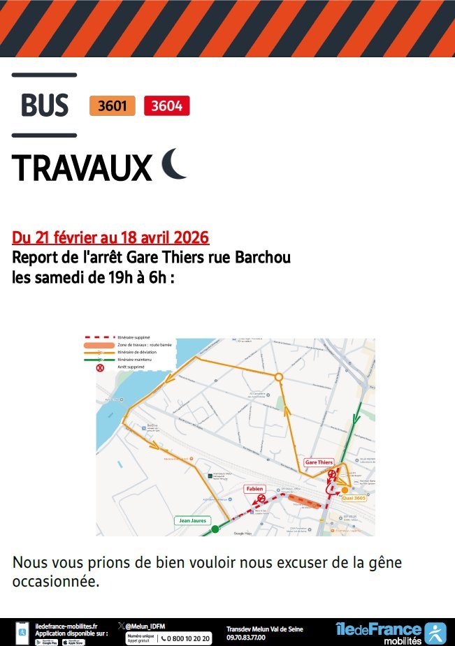 🚧🚍 #InfoTrafic #Travaux Lignes 3601 et 3604
🗓️ samedi 7/03 à partir de 19h
en raison de travaux de nuit av. J.Jaurès à Melun, les lignes 3601 et 3604 sont déviées en direction de Chamlys
❌ Arrêt Fabien non desservi
✅ Arrêt Gare Thiers reporté aux arrêts 3605 3612 rue Barchou