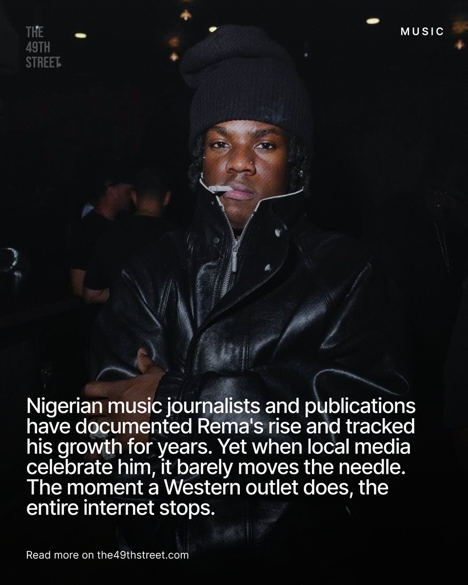 A resurfaced Billboard list sparked outrage, but the real issue isn’t Rema. It’s our dependence on Western validation, and what it reveals about how we measure success in Nigerian music.

Read the full article on our website.

✍🏾: <a href="/Hodovss/">Aomine</a>

🔗: the49thstreet.com/rema-billboard…