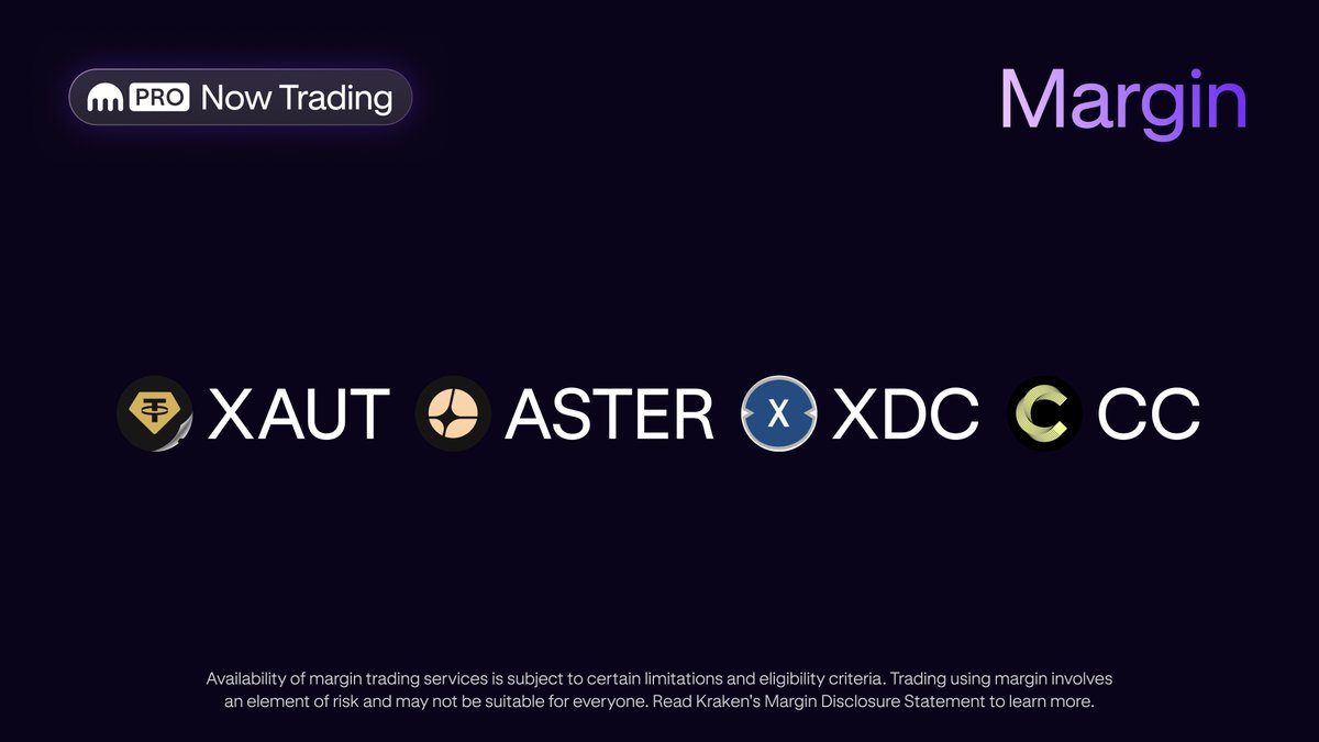 📣 New margin pairs available:

✅ XAUT/USD
✅ ASTER/USD
✅ XDC/USD
✅ CC/USD

Gain exposure to these tokens and 250+ margin pairs on Kraken

Learn more 👉 blog.kraken.com/product/pro/ma…

*Geo restrictions apply