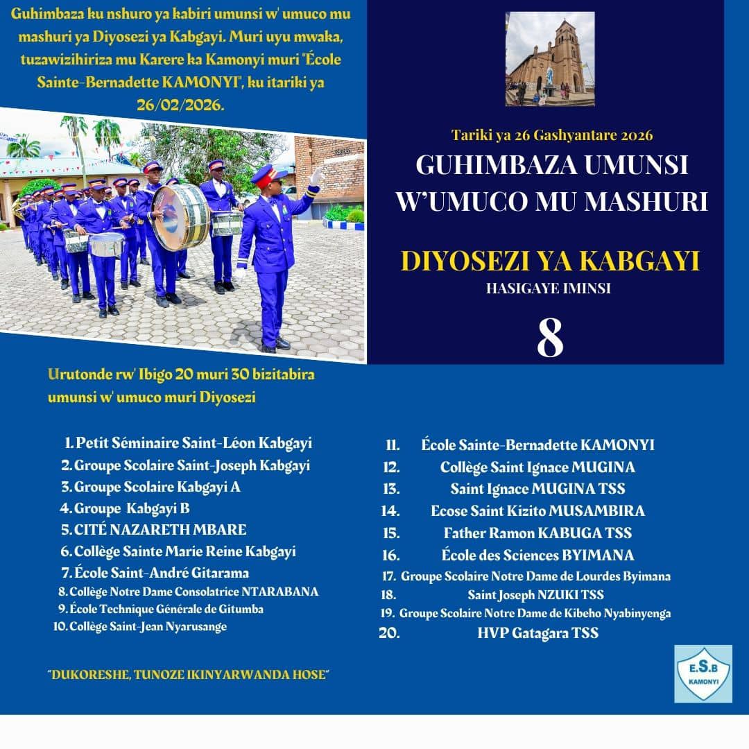 Hasigaye iminsi 8 ngo Diyosezi ya <a href="/KabgayiOf/">Diocese of Kabgayi</a> ihimbaze ku nshuro ya 2 umunsi w'umuco mu mashuri yayo. Uzabera muri <a href="/ESBKAMONYI/">ECOLE SAINTE BERNADETTE KAMONYI</a> mu Karere ka <a href="/Kamonyi/">Kamonyi District</a>, ku wa 26/02/2026. Insanganyamatsiko: "Dukoreshe, tunoze Ikinyarwanda hose". Umuco dusangiye uraturanga, ururimi rwacu rukaduhuza.
