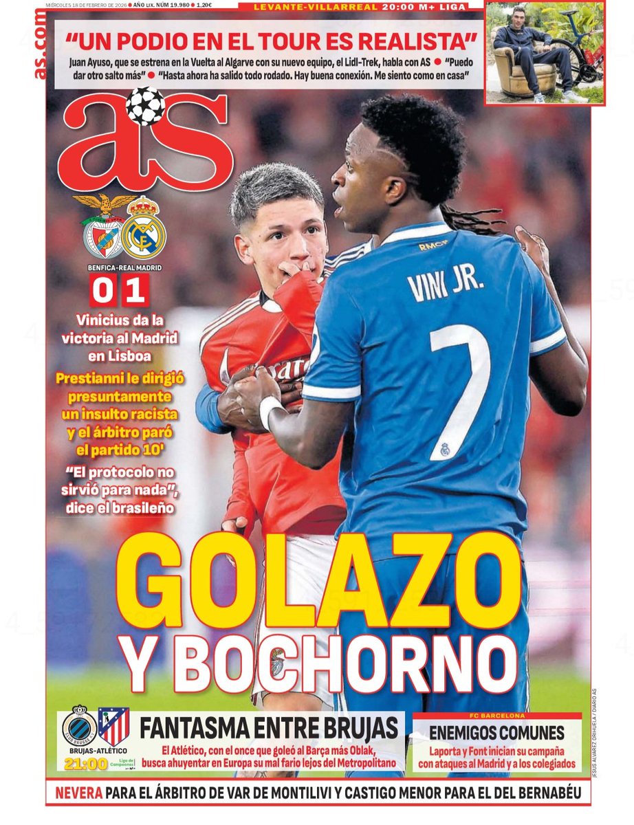 AsFoto_Orihuela's tweet photo. Foto de #Portada del @diarioas (18-02-26): Golazo y bochorno 🗞📰 #portadaAS #BenficaRealMadrid
・
・
・
#RMUCL #HalaMadrid #RMFans #RealMadrid #madridistas #Benfica #ChampionsLeague #UCL #sportphotography #football #fotografíadeportiva #cover #frontpage #fútbol #Canon #DiarioAS https://t.co/3NxcsW3vmu