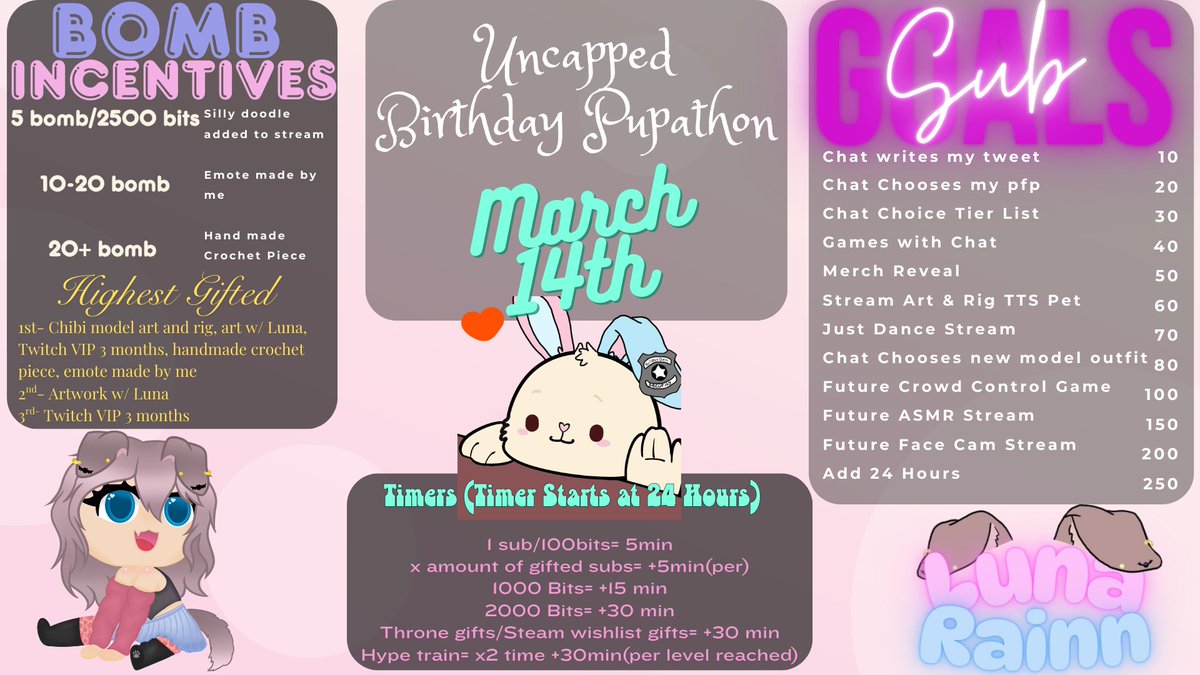 Its that time of year again!!! Uncapped Birthday Subathon!! We are starting on my birthday, March 14th. I'm so excited and have so many things to share I hope to see you all there 😍😍
#vtuber