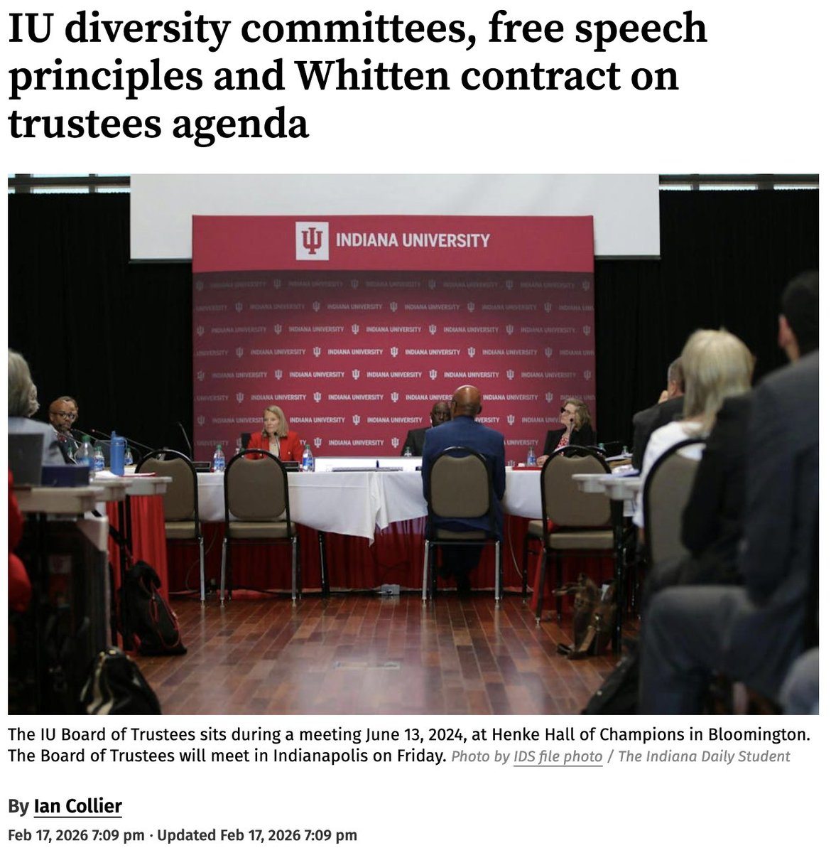 ConnorMurnane's tweet photo. Indiana University trustees vote Friday on adopting the Chicago Principles on Freedom of Expression.

A good move for the worst ranked public university in FIRE’s College Free Speech Rankings. If adopted, the test is whether IU follows these principles when push comes to shove. https://t.co/8LHdL7BCLH