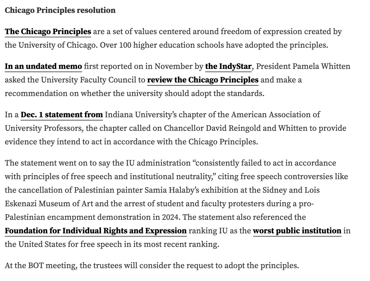 Indiana University trustees vote Friday on adopting the Chicago Principles on Freedom of Expression.

A good move for the worst ranked public university in FIRE’s College Free Speech Rankings. If adopted, the test is whether IU follows these principles when push comes to shove.