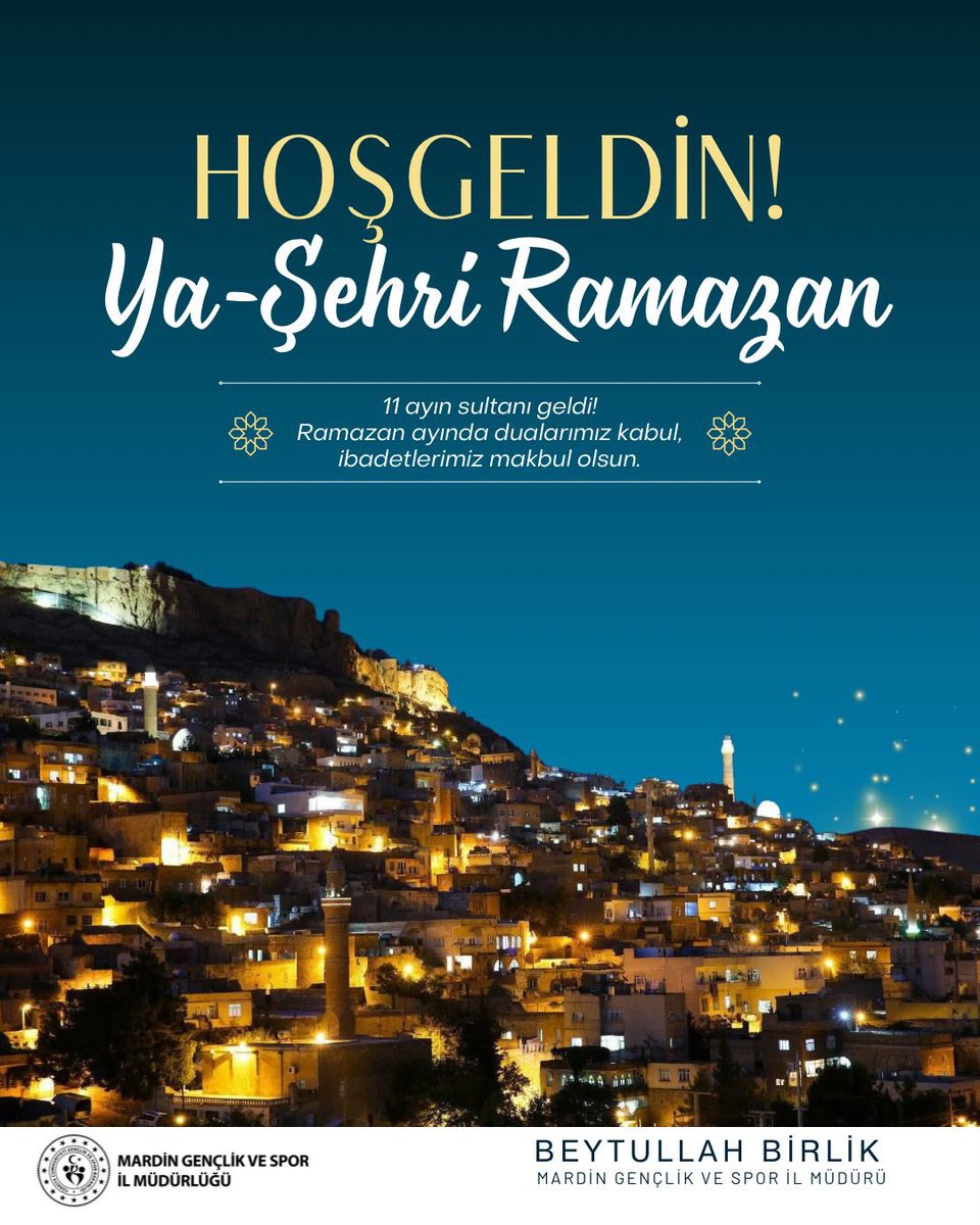 Hoş Geldin Yâ Şehri Ramazan 🌙

11 ayın sultanı Ramazan ayının; Mardin’imize, ülkemize ve tüm İslam âlemine sağlık, huzur, bereket ve hayırlar getirmesini temenni ediyorum.
Ramazan-ı Şerifiniz mübarek olsun. 🤲