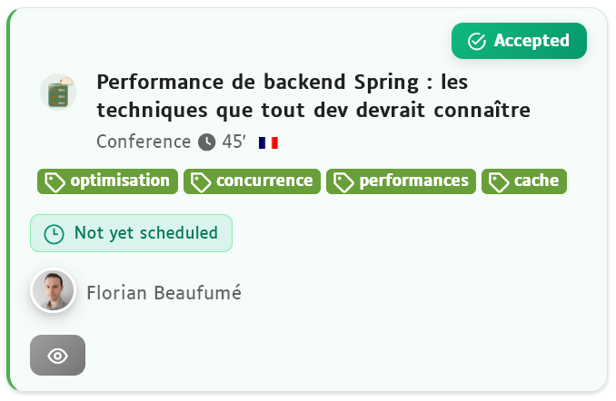 Très heureux d’annoncer ma participation à <a href="/DevoxxFR/">DevoxxFR</a> cette année !

J'y présenterai "Performance de backend Spring : les techniques que tout dev devrait connaître"

Rendez-vous les 22–24 avril pour booster vos applications #Java #Spring 🚀