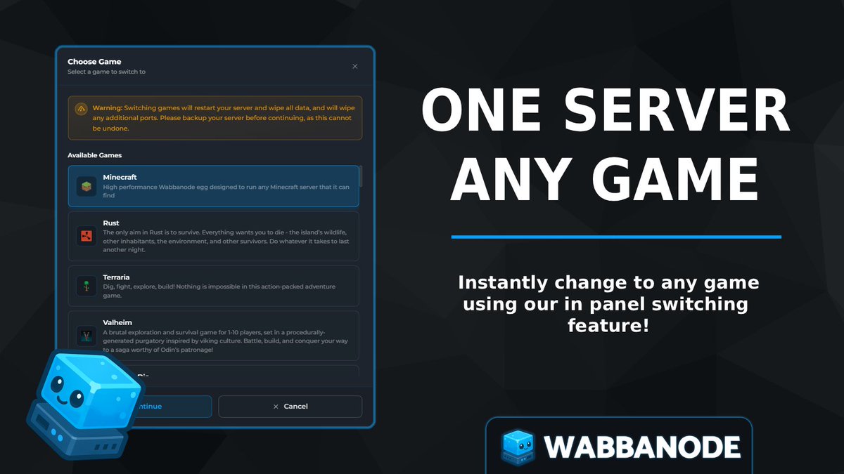 wabbanode's tweet photo. One of our most popular features is game switching.

Switch between supported games on one plan, no need to buy a new server every time you want to play a new game.

The goal is to make experimenting with different servers a bit simpler.

Here’s a quick look: https://t.co/PQeFzObWyQ