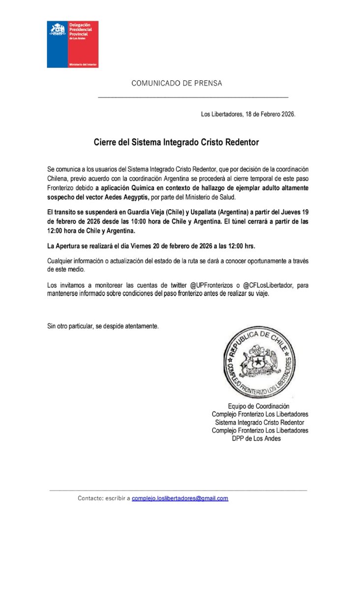 [INFORMACIÓN] ⚠️🏔️

Se informa el CIERRE  del Complejo Fronterizo Los Libertadores, para este jueves 19 de febrero, debido a medidas preventivas por el hallazgo de un ejemplar sospechoso de Aedes aegypti.