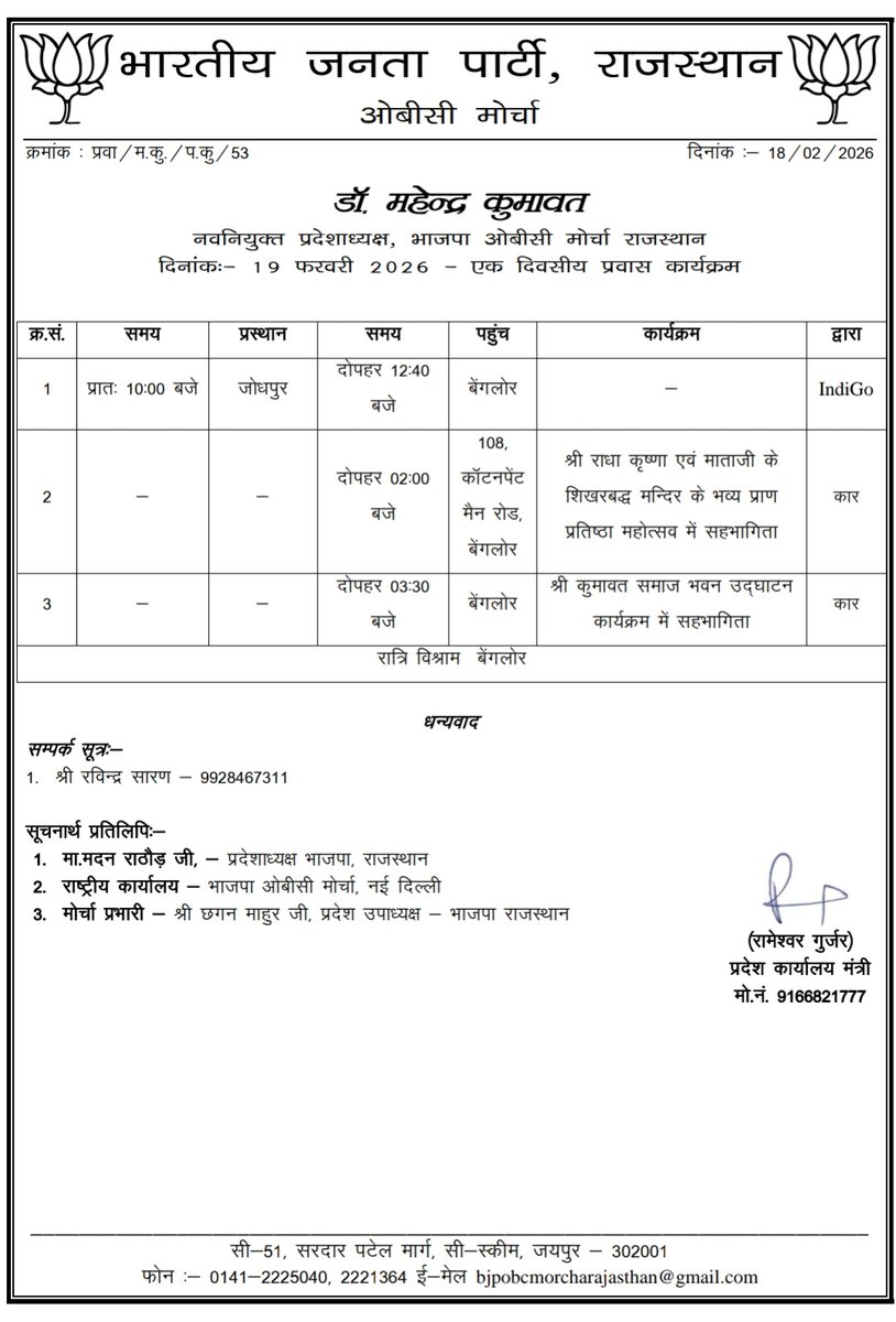 भारतीय जनता पार्टी, ओबीसी मोर्चा प्रदेशाध्यक्ष <a href="/drmahendrabjp/">Dr. Mahendra Kumawat</a> का दिनांक 19 फरवरी 2026 का प्रवास कार्यक्रम निम्न प्रकार है:- 

<a href="/BJP4India/">BJP</a> <a href="/BJP4Rajasthan/">BJP Rajasthan</a> <a href="/BhajanlalBjp/">Bhajanlal Sharma</a> <a href="/madanrrathore/">Madan Rathore</a>
