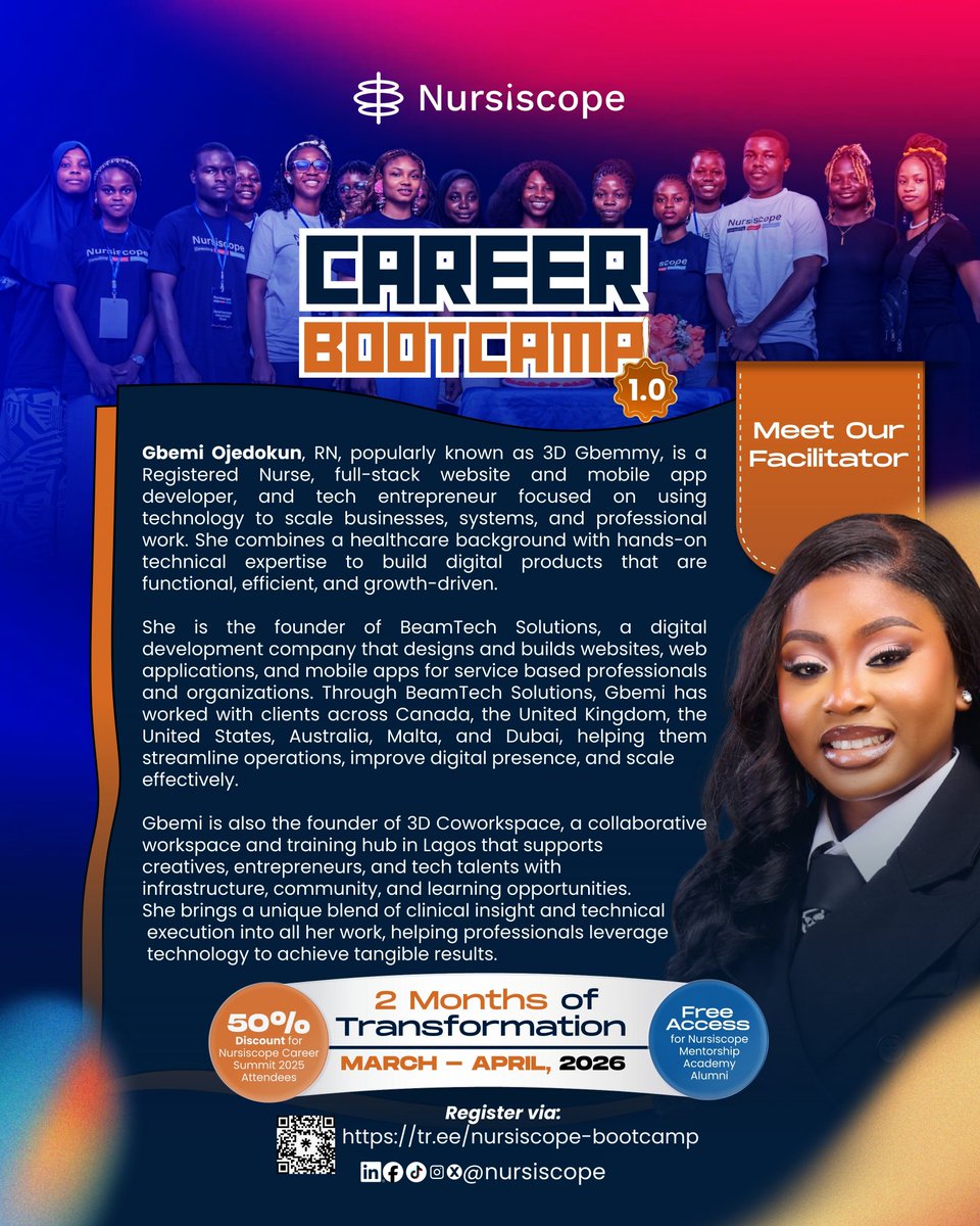 nursiscope's tweet photo. Gbemi Ojedokun is a true Tech Nurse; full-stack developer and founder of BeamTech Solutions and 3D Coworkspace.
She blends nursing and tech to build impactful digital products.
Want to do the same?
Register: https://t.co/59wC07RHzR
#TechNurse #NursesInTech https://t.co/yyNL0w5t6g