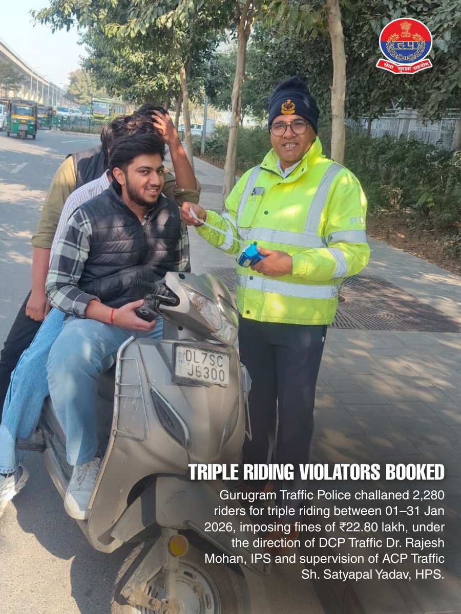 TrafficGGM's tweet image. Gurugram Traffic Police challaned 2,280 riders for triple riding (Jan 2026), imposing fines of ₹22.80 lakh. Ride responsibly. Safety comes first.
#RoadSafety #RideSafe #GurugramTrafficPolice