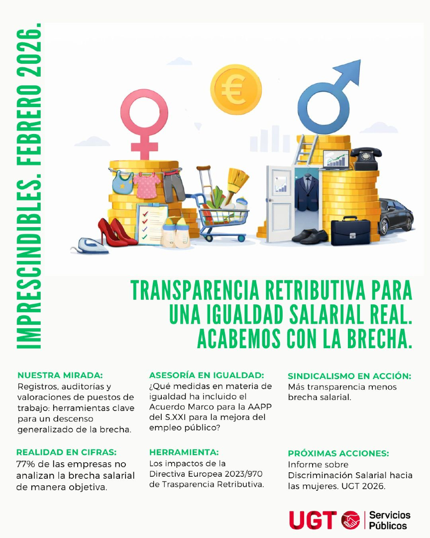 #UGTMujerIgualdad Imprescindibles febrero 2026: Transparencia retributiva para una igualdad salarial real. Acabemos con la brecha. f.mtr.cool/iuwzobeguc 👉 *Comparte* 💪: f.mtr.cool/pjfuepawvh