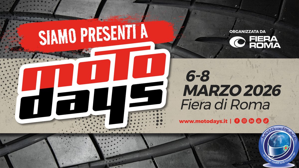 Motoforpeace's tweet photo. 🏍️ Destinazione #MotoDays2026!
Dal 6 all'8 marzo @MotoForPeace vi aspetta alla Nuova Fiera di Roma. 
Vieni a scoprire le nostre missioni umanitarie tra panorami mozzafiato e storie di solidarietà. Il motore è la nostra passione, la pace la nostra meta. 🌍🤝
📍 Stand MotoForPeace https://t.co/l4MHtZfG2e