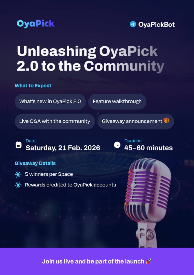 Big news 💪🏾

We’re officially unveiling Oyapick 2.0 and you’re invited. Join us live as we walk you through what’s new, how the upgraded features work, and what this means for your experience in the Arena.

Here’s what to expect: What’s new in Oyapick 2:0
•Full access