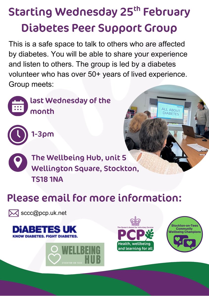 📣One week to go until our brand new Diabetes Peer Support Group starts!

The group is from 1–3pm at The Wellbeing Hub , Stockton

If you’re living with diabetes or supporting someone who is, come along.