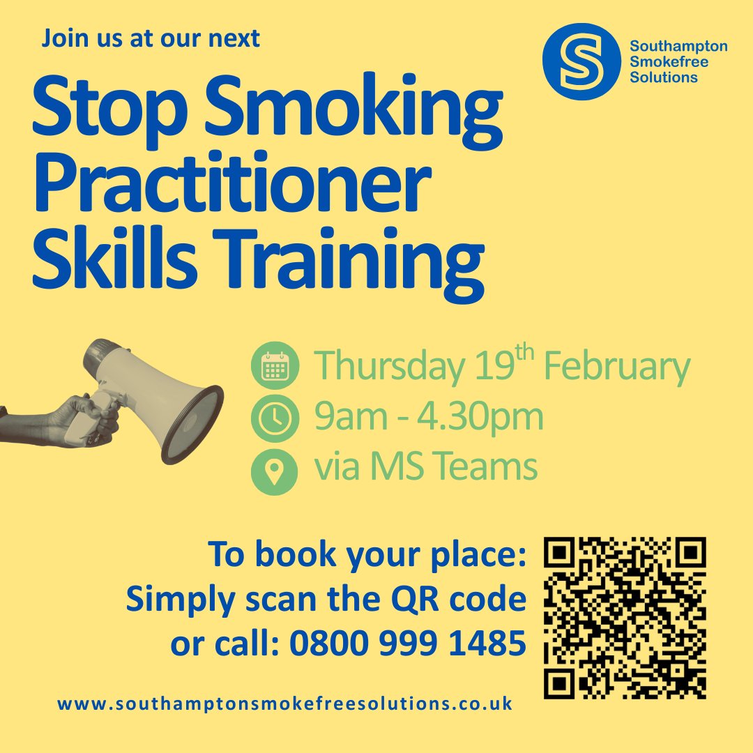 Sign-up now for Practitioner skills training. 
Scan the QR code, 📞call: 0800 999 1485 or via our website🌐 southamptonsmokefreesolutions.co.uk/training/

📆 Thursday 19th February
🕘 9am - 4.30pm
📍 MS Teams, Virtual meeting
 
#Southampton #Learning #stopsmoking
