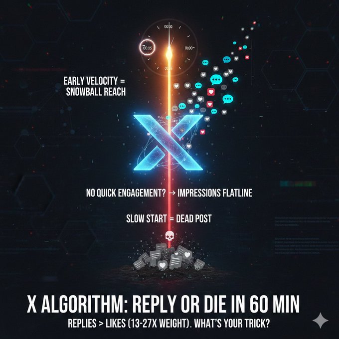 ZeroBarkThirty2's tweet image. X algorithm in 2026: REPLY or DIE in 60 minutes 😭 Replies &amp;gt; Likes (13-27x weight). No early velocity? → flatline → dead post.
What's YOUR trick to beat it? 👇 #XAlgorithm #GrowOnX