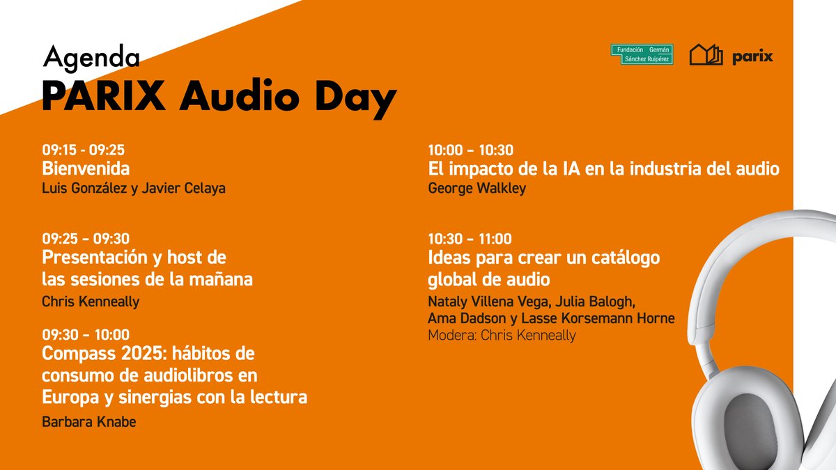fundacionGSR's tweet photo. ¡Arranca la 3.ª edición de #PARIXAudioDay! 🎧
🎤 Hoy presentamos datos exclusivos del sector del audioentretenimiento y reflexionamos sobre las tendencias que marcarán el futuro de la industria. 📈🌍

Os compartimos la agenda completa con todas las ponencias.👇

#PARIXAudioDay26 https://t.co/XElgHmjE4a