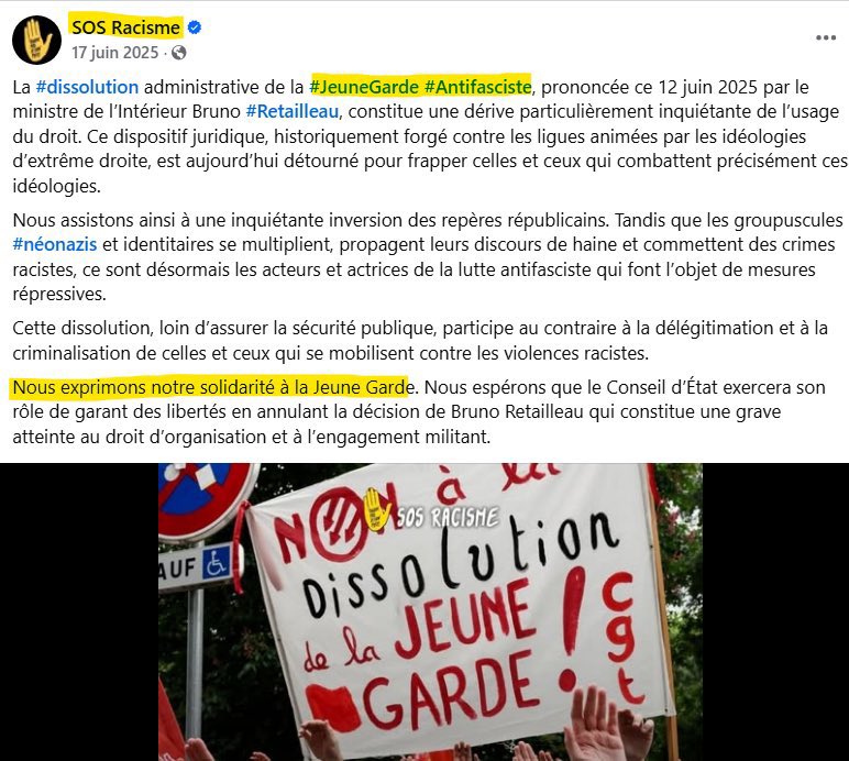 SeverineDuminy's tweet image. Parmi les nombreuses associations qui soutiennent la Jeune Garde, on trouve sans surprise des syndicats d’enseignants (FSU, Solidaires, CGT), mais également le Planning familial, SOS Racisme, la Ligue des Droits de l’homme et le Groupe d’information et de soutien des immigrés.