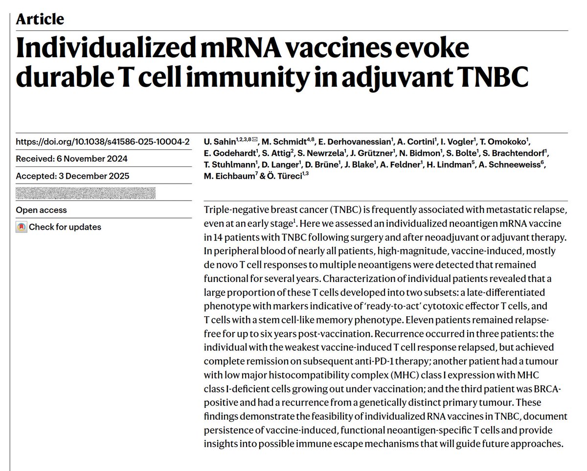 The unfounded move by <a href="/HHSGov/">HHS</a> against mRNA vaccines will hurt our future potent immune therapy vs cancer. Another point of progress for triple-negative breast cancer with individualized neoantigen mRNA vaccines today <a href="/Nature/">nature</a> 
Adds to successful pancreatic, renal cell, melanoma
