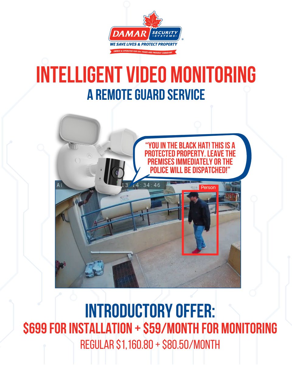 DamarSecurity's tweet photo. Intro Offer: Damar’s Intelligent Video Monitoring is $699 install + $59/mo. Proactive detection, live audio deterrence, AI + human verification. A cost-effective way to stop theft + loitering. Visit https://t.co/oEkwqKKciZ
#RemoteGuardService #SarniaBusiness #LondonBusiness https://t.co/RjjvvVQUqY