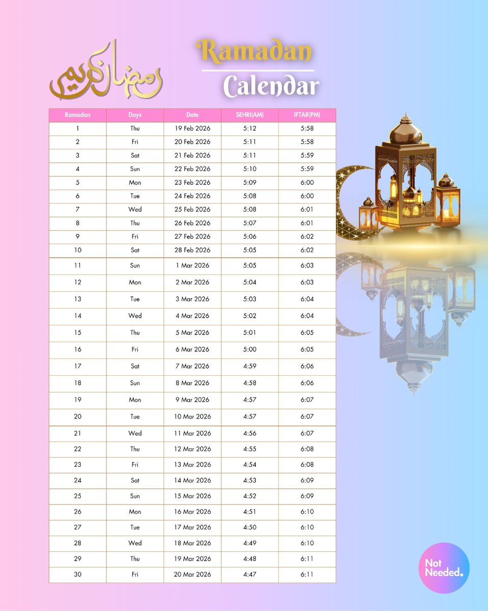 notneeded_wg's tweet image. Wishing everyone a blessed and peaceful Ramadan! May Allah grant us all good health, shower us with His blessings, and forgive our past sins during this sacred month. 🌙

Save this calendar for your daily Sehri and Iftar timings! 🗓️

#RamadanKareem #Ramadan2026 #notneeded
