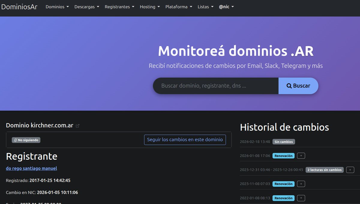 Un caso inesperado de Rickrolling
Vieron el dominio kirchner,com,ar?
Se le cayo en 2017 a Parrili y pasó a manos de <a href="/santiagodorego/">Santiago do Rego</a>