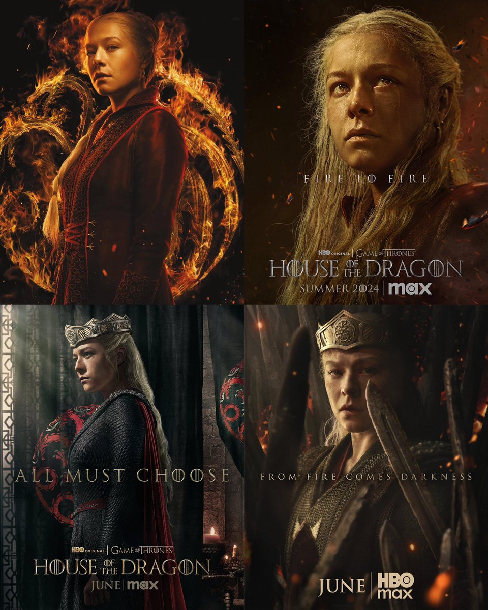 ¡LA REINA! 🐉 Estos son todos los pósters de #RhaenyraTargaryen a lo largo de las tres temporadas de #HouseOfTheDragon. ¿Cuál es tu favorito?