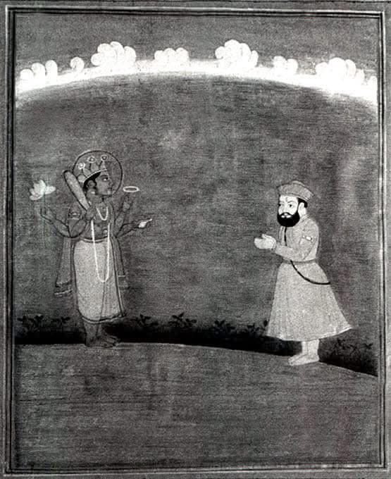 Founder of Sikhi - Guru Nanak Dev - praying to Shri Krishna, who stands at higher pedestal &amp; has halo around his face.

RT if you want me to share Gurbani verses that testify Krishna of this representation (four-armed, peacock crown) as manifestation of supreme unmanifest divine.
