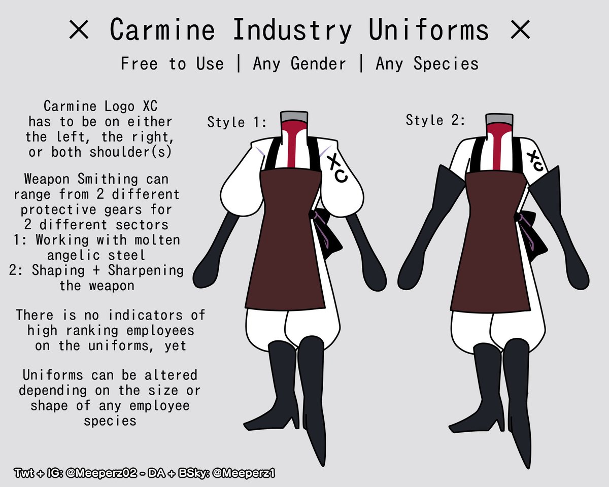 For anyone could use!

I've seen the Carmine Industry as uniforms in season 2 but it was skipped right past them, so I decided to draw for anyone to use for their ocs!