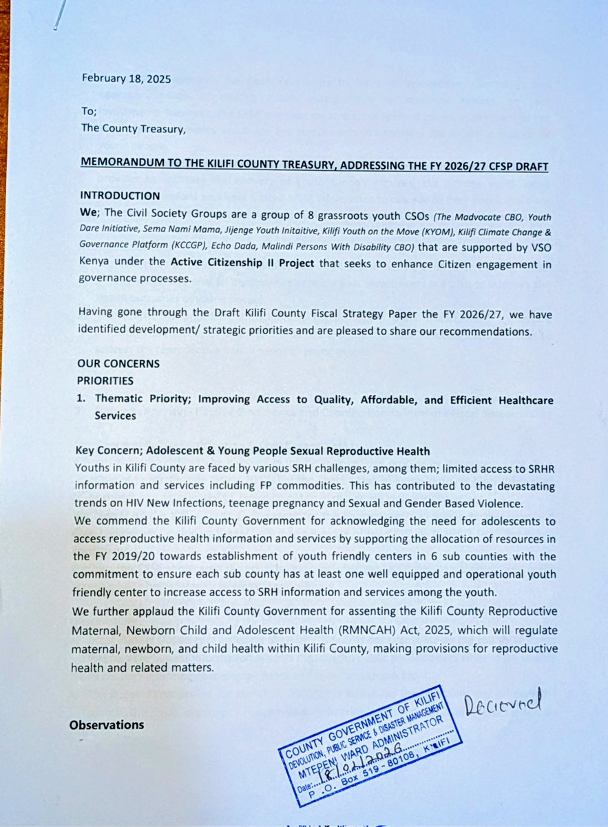 MadvocateCbo's tweet photo. Beyond participation, we submitted a  MEMO to the Ward Admins in Shimo-la-Tewa,Mtepeni and Junju wards capturing our recommendations on priorities, projection, performance &amp; ceilings. #Activecitizenship 
@VSOKenya @bajeti_hub
 @YSW_Kenya @KilifiCountyGov https://t.co/56BPzvLtr8