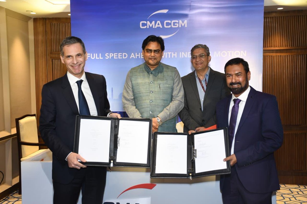 khemankumar's tweet photo. CMA CGM Group, the world’s third-largest shipping company and a leading French logistics player reinforced its long-term commitment to India. A contract signing ceremony, in the presence of MoS Shri Shantanu Thakur, Chairman & CEO Rodolphe Saadé and Mr. Vijay Kumar (IAS),Secretary, Ministry of Ports, Shipping and Waterways.
#IndiaLogistics #MaritimeIndustry #GlobalTrade #Shipping  #IndiaGrowth #india #France #deal #AISummit #IndiaAIImpactSummit2026 #IndiaAISummit2026