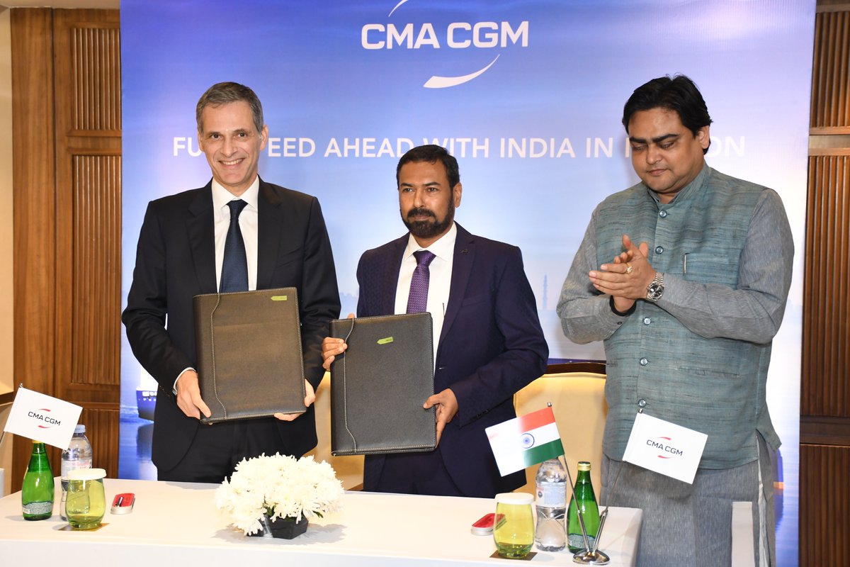 khemankumar's tweet photo. CMA CGM Group, the world’s third-largest shipping company and a leading French logistics player reinforced its long-term commitment to India. A contract signing ceremony, in the presence of MoS Shri Shantanu Thakur, Chairman & CEO Rodolphe Saadé and Mr. Vijay Kumar (IAS),Secretary, Ministry of Ports, Shipping and Waterways.
#IndiaLogistics #MaritimeIndustry #GlobalTrade #Shipping  #IndiaGrowth #india #France #deal #AISummit #IndiaAIImpactSummit2026 #IndiaAISummit2026