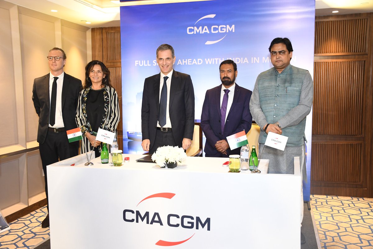 khemankumar's tweet photo. CMA CGM Group, the world’s third-largest shipping company and a leading French logistics player reinforced its long-term commitment to India. A contract signing ceremony, in the presence of MoS Shri Shantanu Thakur, Chairman & CEO Rodolphe Saadé and Mr. Vijay Kumar (IAS),Secretary, Ministry of Ports, Shipping and Waterways.
#IndiaLogistics #MaritimeIndustry #GlobalTrade #Shipping  #IndiaGrowth #india #France #deal #AISummit #IndiaAIImpactSummit2026 #IndiaAISummit2026