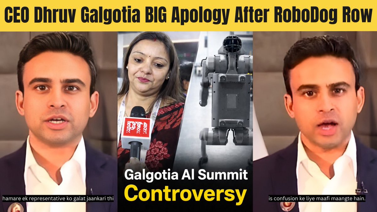 Thequicknewz's tweet photo. BREAKING: CEO Dhruv Galgotia Big apology after the Chinese RoboDog controversy at AI Summit 2026

Watch the full Video Here 👇

https://t.co/eCoUuTBdLX

#GalgotiasUniversity #AISummit2026 #RobotDogControversy #nehasingh https://t.co/Ccc83eRWW5