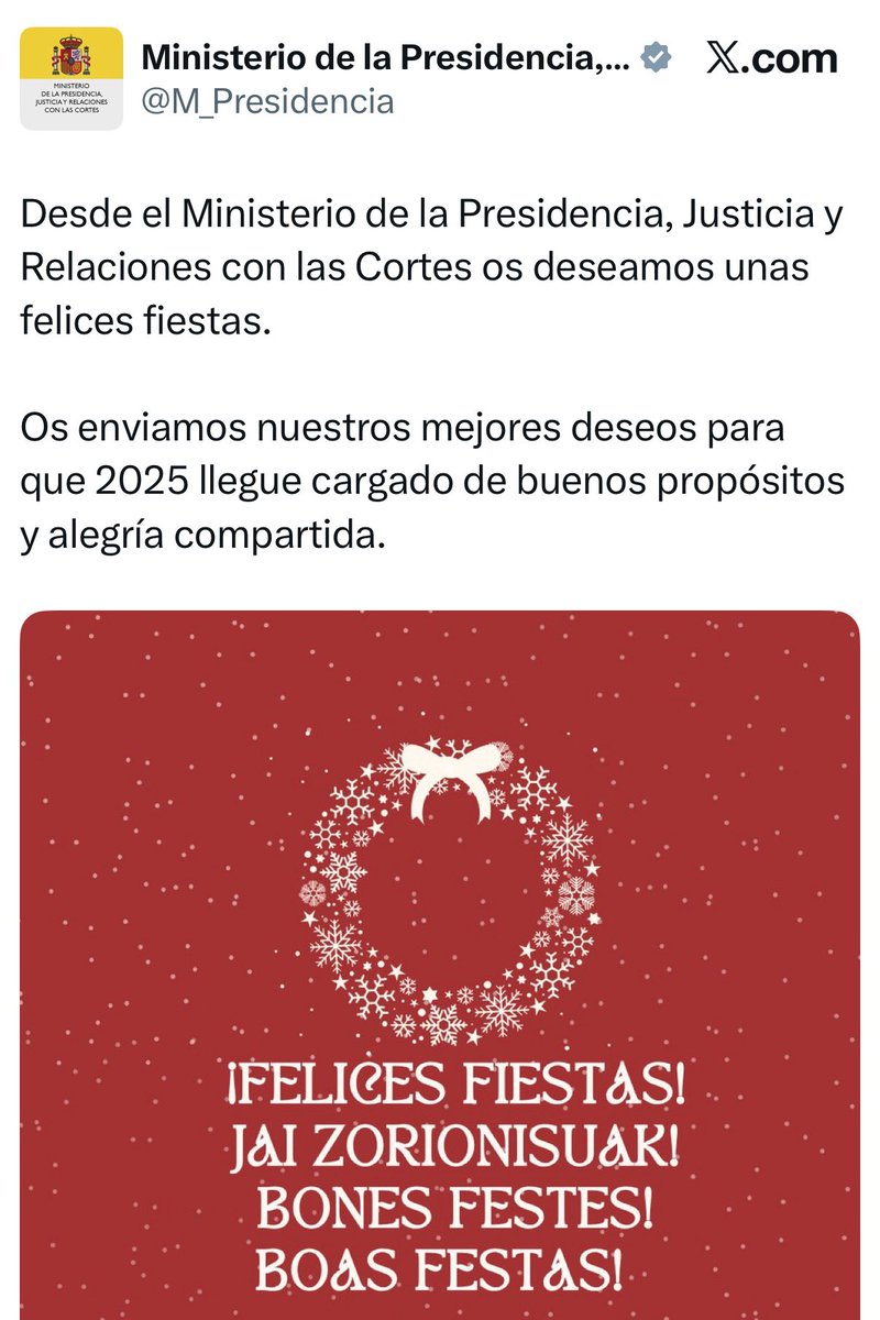 <a href="/M_Presidencia/">Ministerio de la Presidencia, Justicia y R. Cortes</a> Cuando es Navidad os da alergia y felicitáis “las fiestas”.

Sin ningún pudor dais la espalda a la religión mayoritaria de España para abrazaros a los que tapan la cara y someten a las mujeres. “El gobierno más feminista”, decís. 🤡