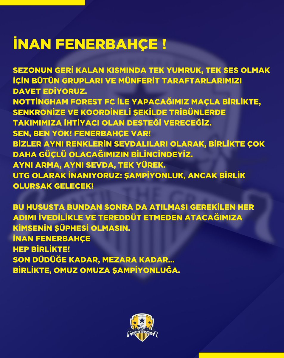 MEZARA KADAR BİRLİKTE OMUZ OMUZA ŞAMPİYONLUĞA İNAN FENERBAHÇE !

#inanFenerbahçe 
#UntilTheGrave