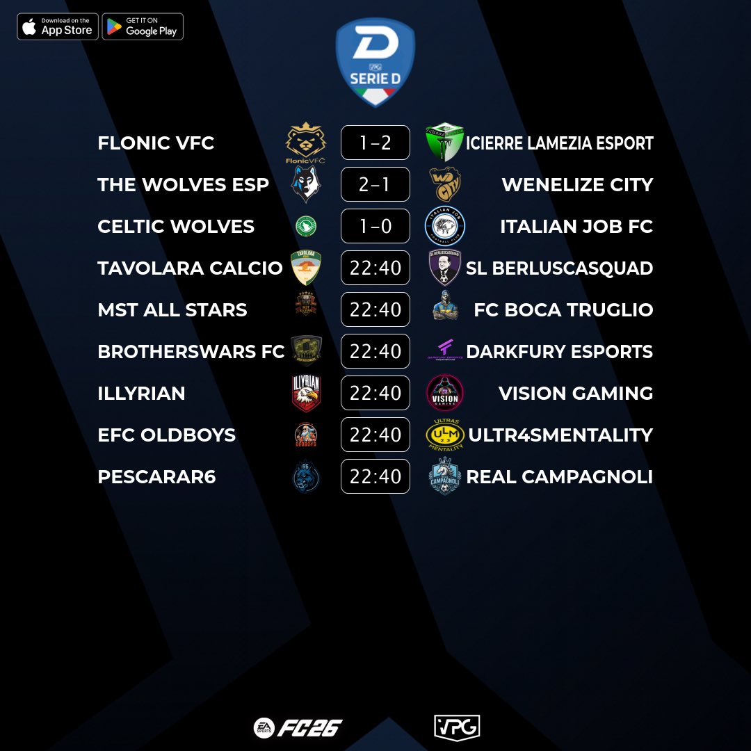 VPGItaly's tweet image. 🇮🇹 @VPGItaly Serie D1
⚽️ Match #42
🗓️ 16/02/2026 - 22:40
🖥️ virtualprogaming.com/community/VPG-…

➡️ @FlonicVFC 🆚 @Icierre_Esport
➡️ @OstiaAnticaEsp 🆚 @Wenelize_City
➡️ @Celtic_Wolves 🆚 @italianjob_fc
➡️ @tavolaraesport 🆚 @bordo_campo
➡️ #MST 🆚 @Fc_BocaTruglio
➡️ @BrotherWarsFc 🆚