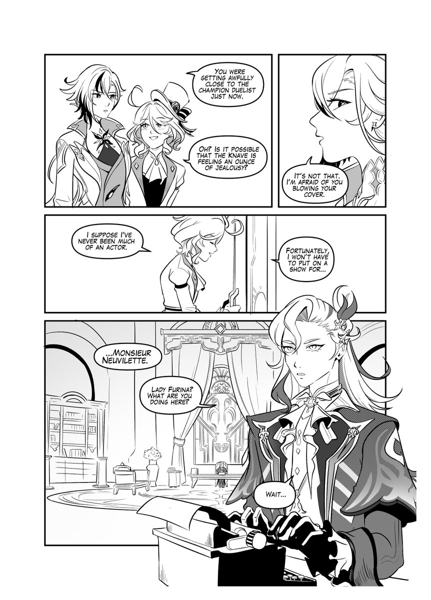 OrdinaryReese's tweet image. Furina and Arlecchino go to meet the Iudex. How will he react to seeing Focalors again? 

Page 13-15 of Love Flows By (Focalors Bodyswap AU)