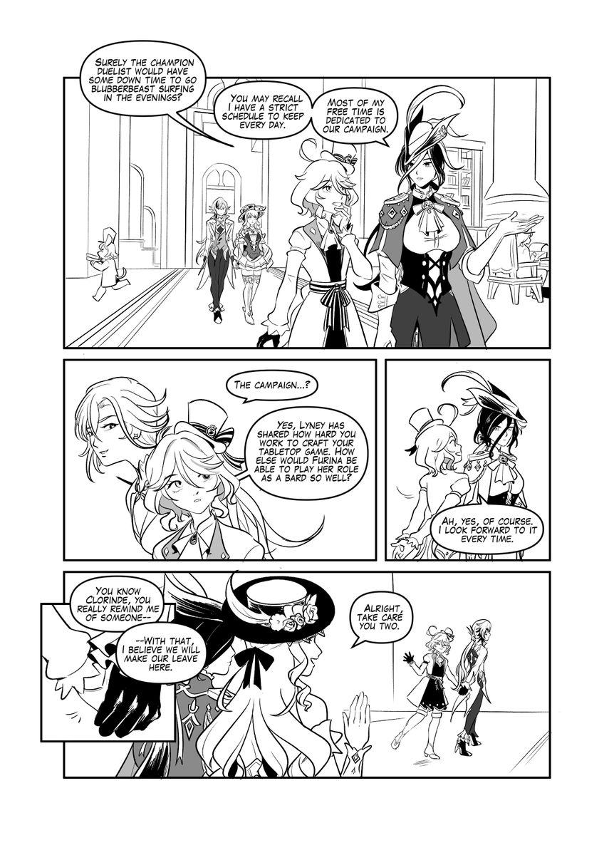 OrdinaryReese's tweet image. Furina and Arlecchino go to meet the Iudex. How will he react to seeing Focalors again? 

Page 13-15 of Love Flows By (Focalors Bodyswap AU)